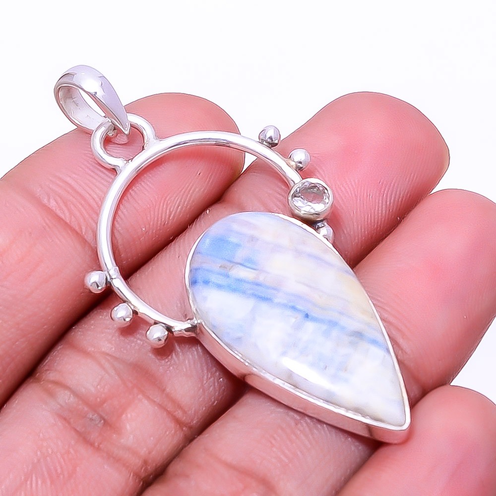 Blue Scheelite – Turkey & White Topaz 925 Sterling Silver Pendant 2.03″ P35
