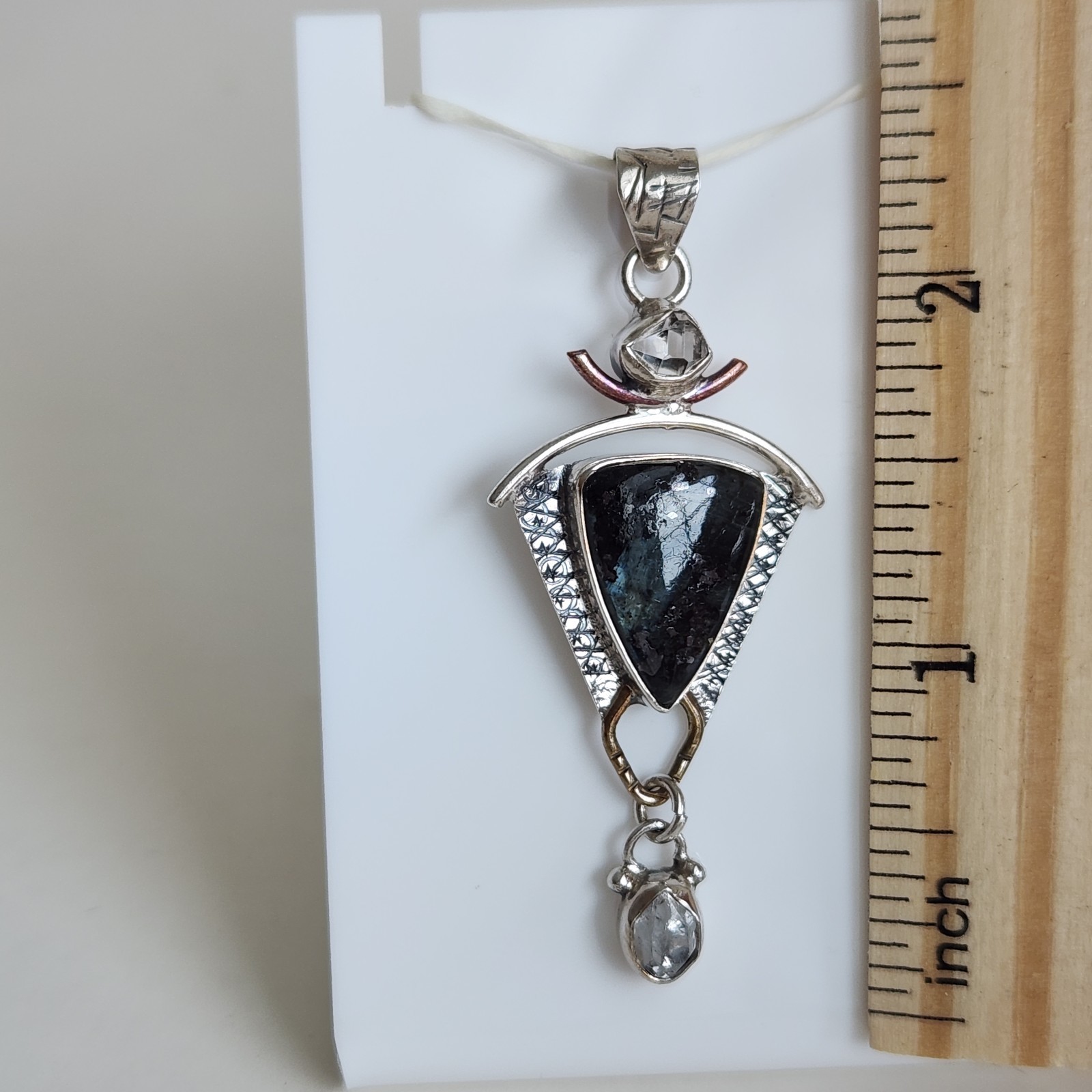 Sterling Silver Black Moss Agate Pendant 925 Artisan Mixed Metal 5.3g