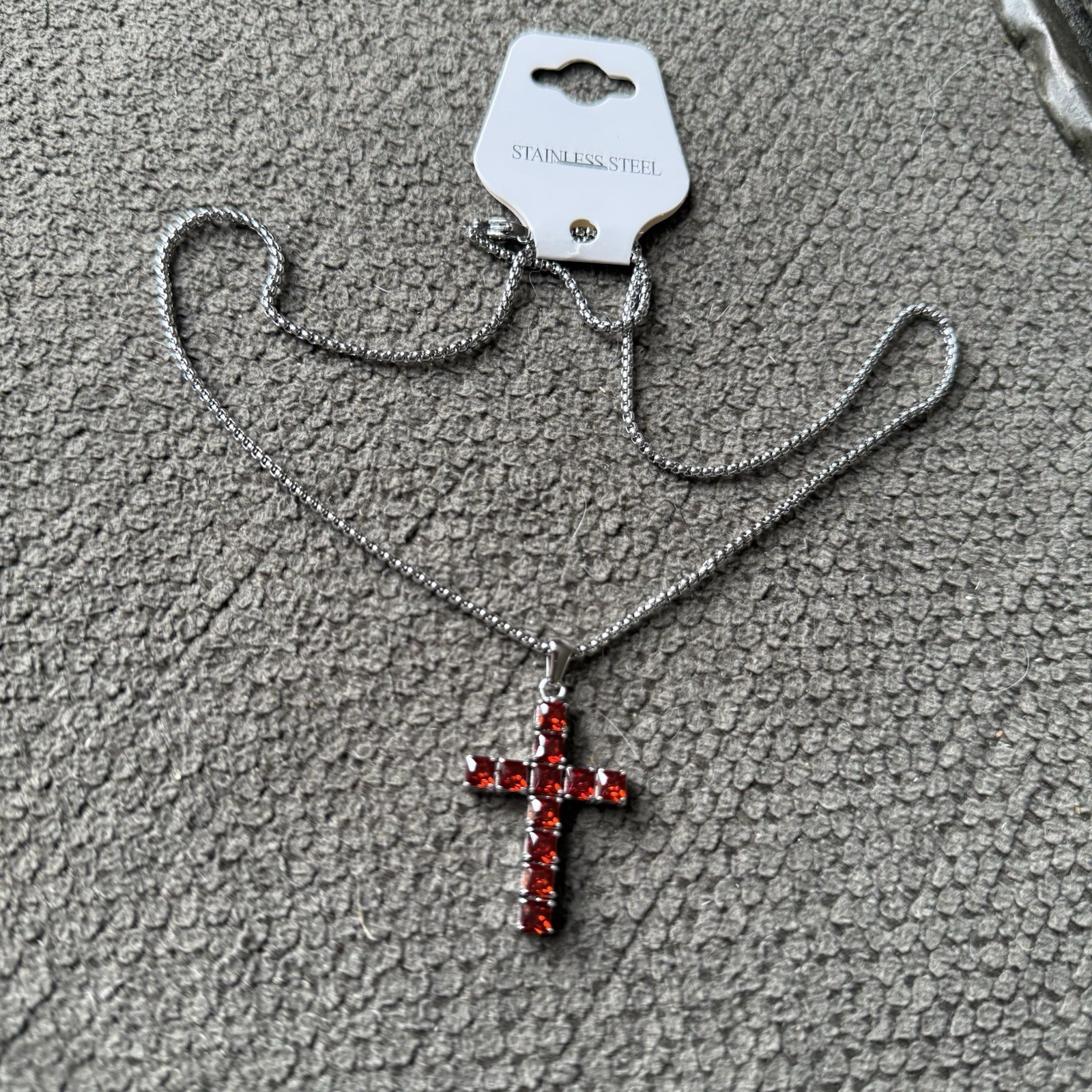 Silver Tone Stainless Steel Box Chain Necklace Red Crystal Cross Pendant Prong