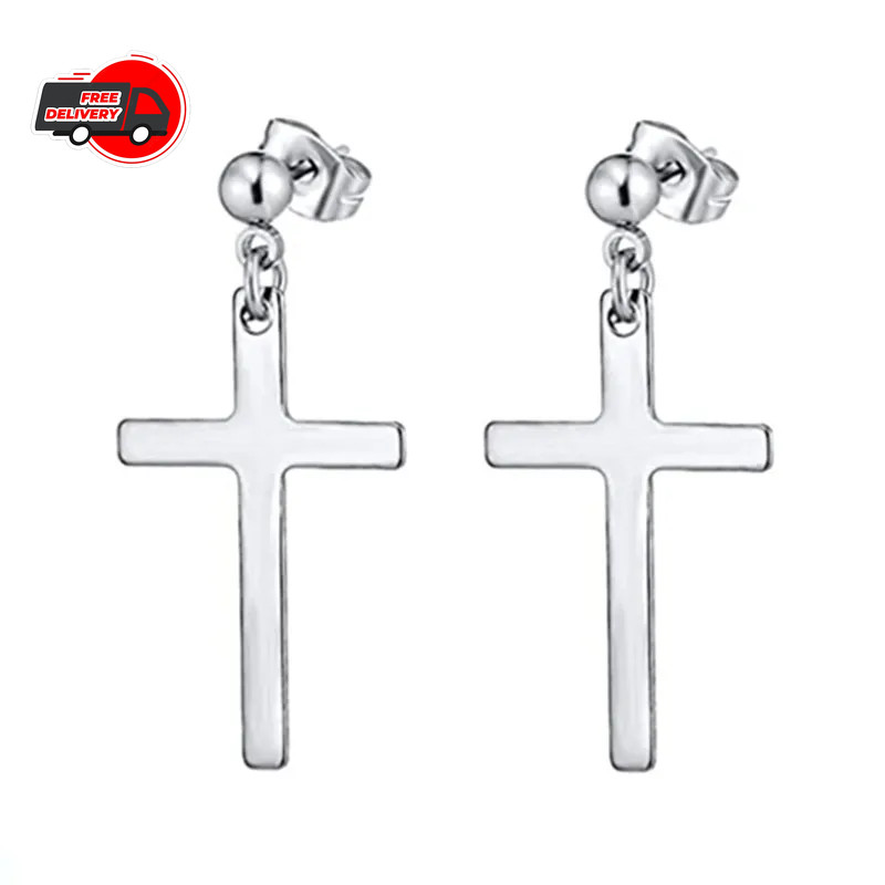 Punk Black Cross Stainless Steel Hoop Earrings for Women Men Fashion Vintage