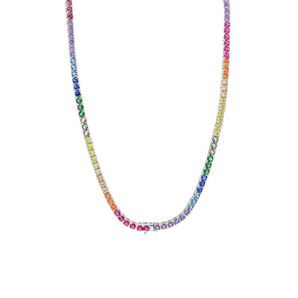 Skinny Rainbow Spectrum Tennis Chain Necklace Cubic Zirconia Bling 3mm 16-20”