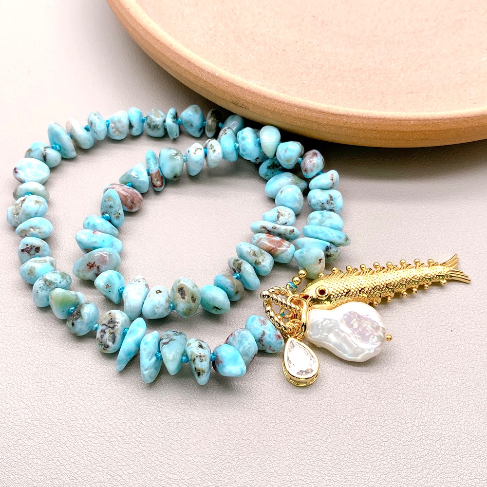 Blue Larimar Strand Necklace White Coin Pearl Fish Pendant Bohemia Jewelry