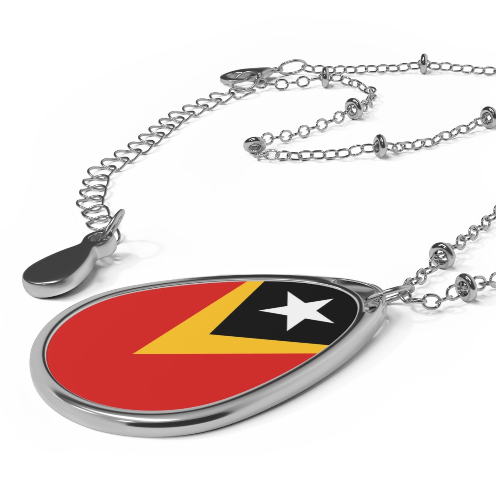 Timor-Leste Flag Oval Necklace – Heritage Pendant – One Size / Silver