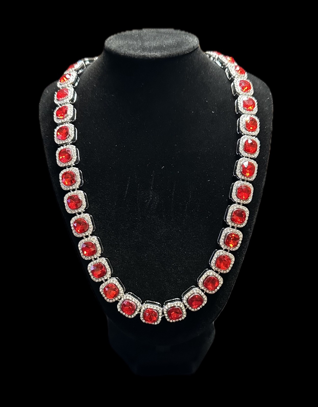 Woman’s 20 Inch Necklace Red Crystals And White CZ Sets Cushion Cut Stunning!!!