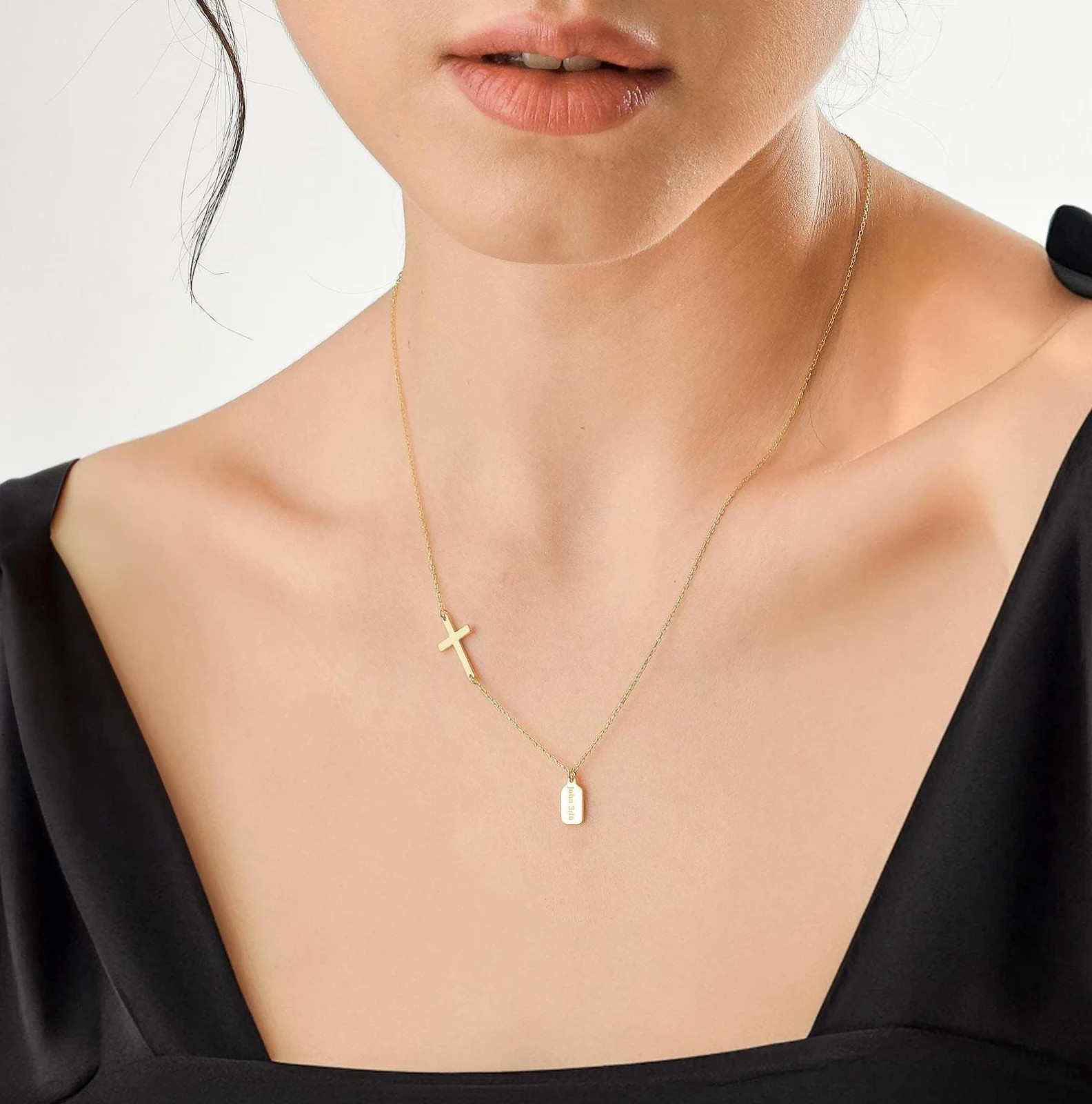 Personalized Name Tag Necklace with Side Cross Pendant Multiple Name for Women