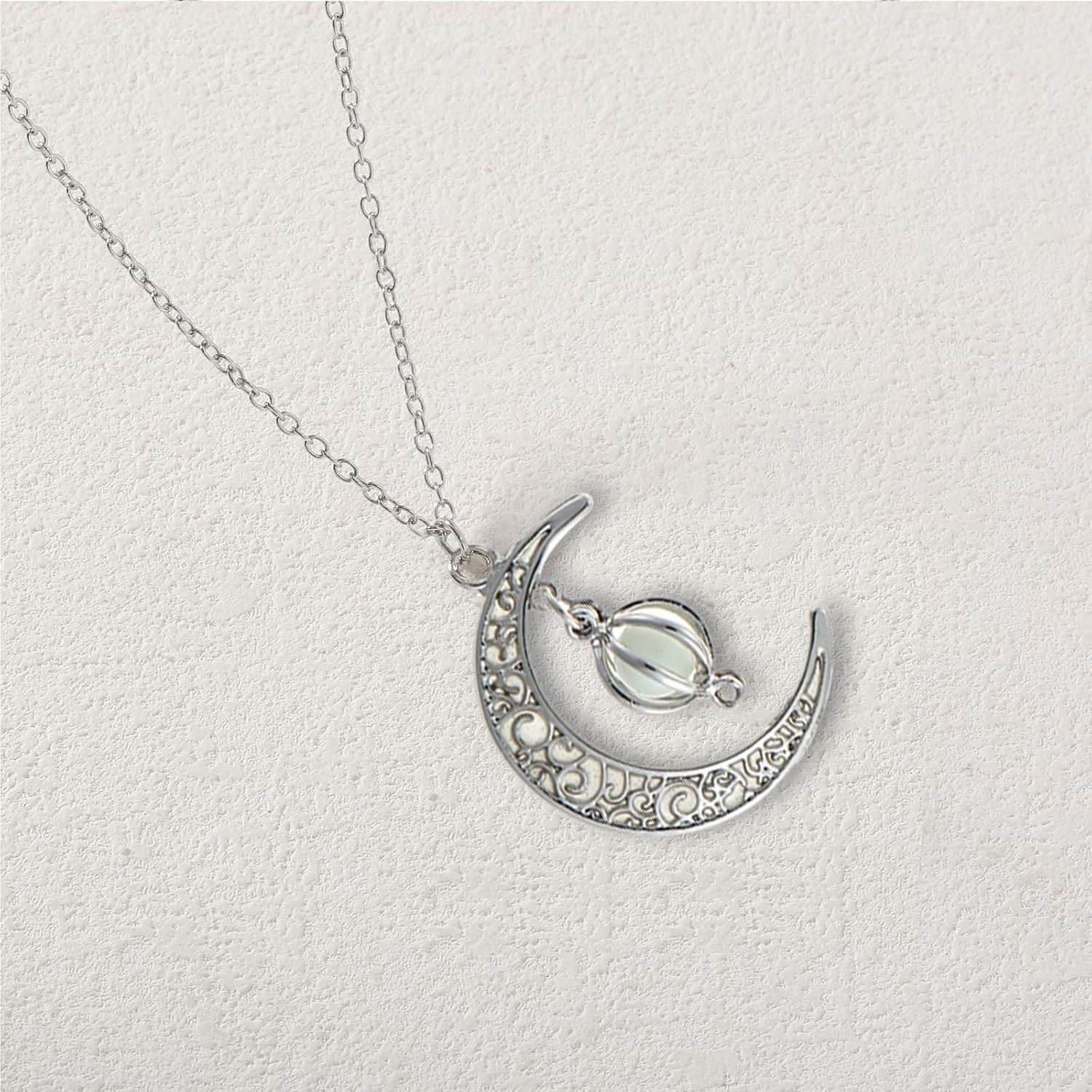 Enchanting Glow in the Dark Silver Crescent Moon & Orb Necklace – Sky Blue Charm