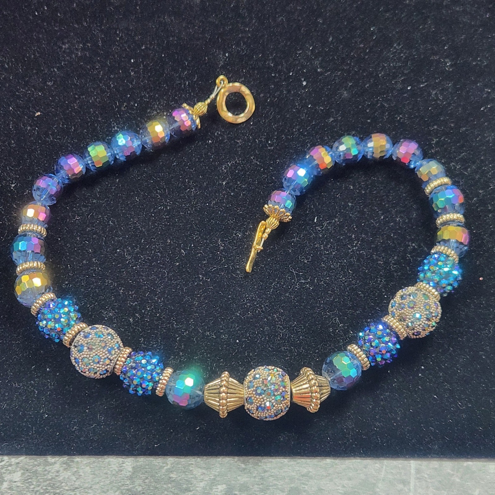 Blue Aurora Borealis Crystal Bead Necklace Gold Tone Pave Disco Ball 16 Inch