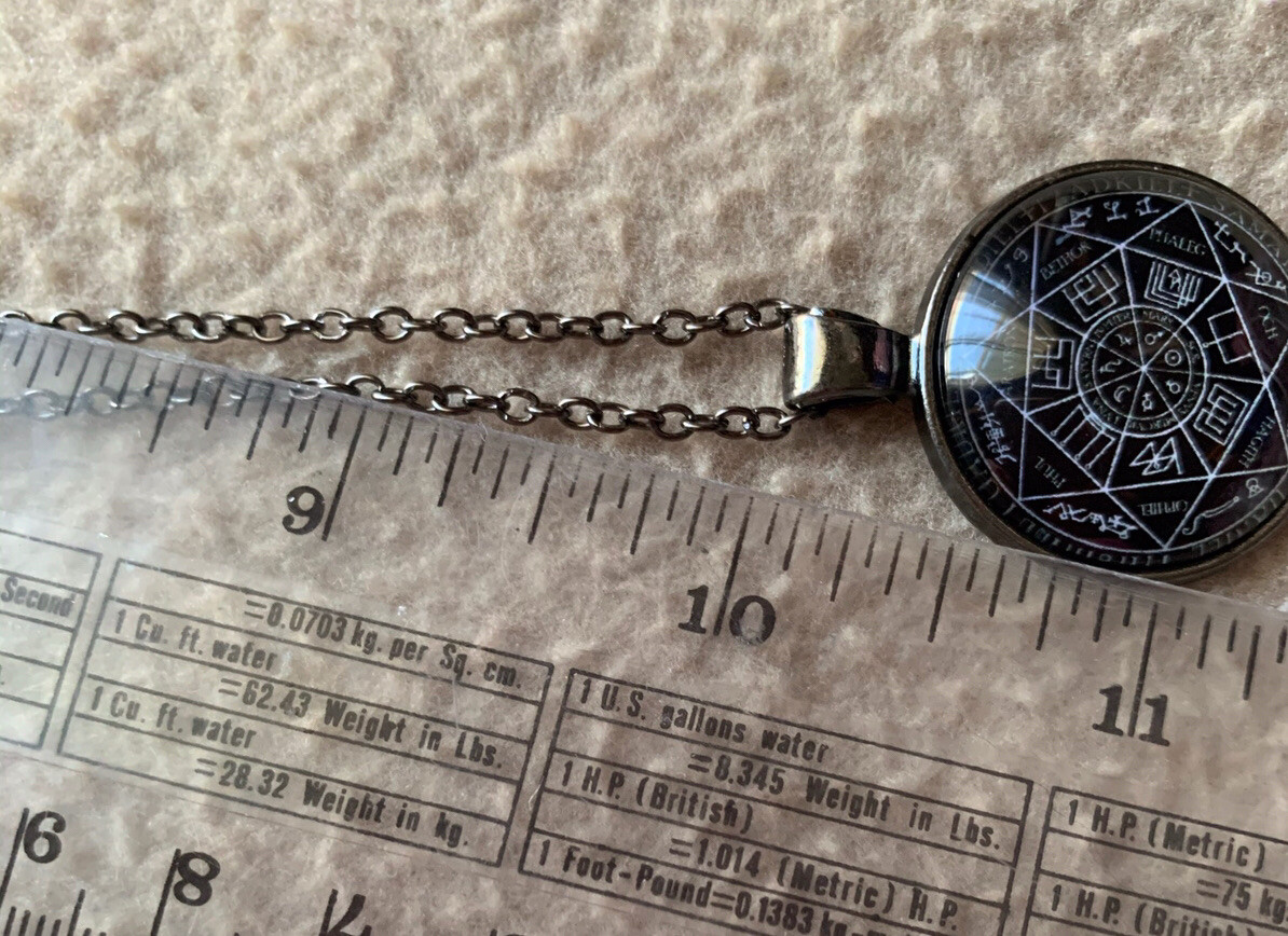 Mystic Domed Pendant Necklace 20” Antiqued Chain 1 1/8” Mystical Signs Mystical