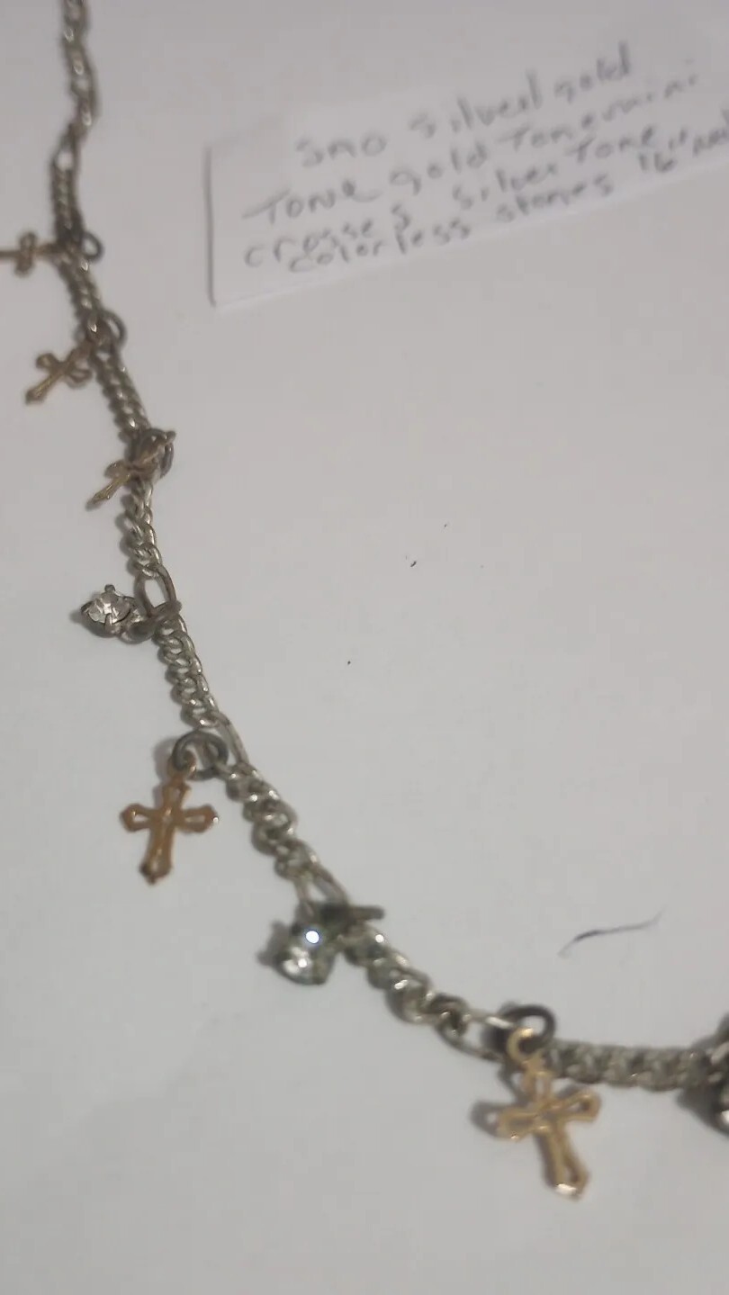 SAO Silver/Gold Tone Small Dangling Crosses And Colorless Stoned 16″necklacr