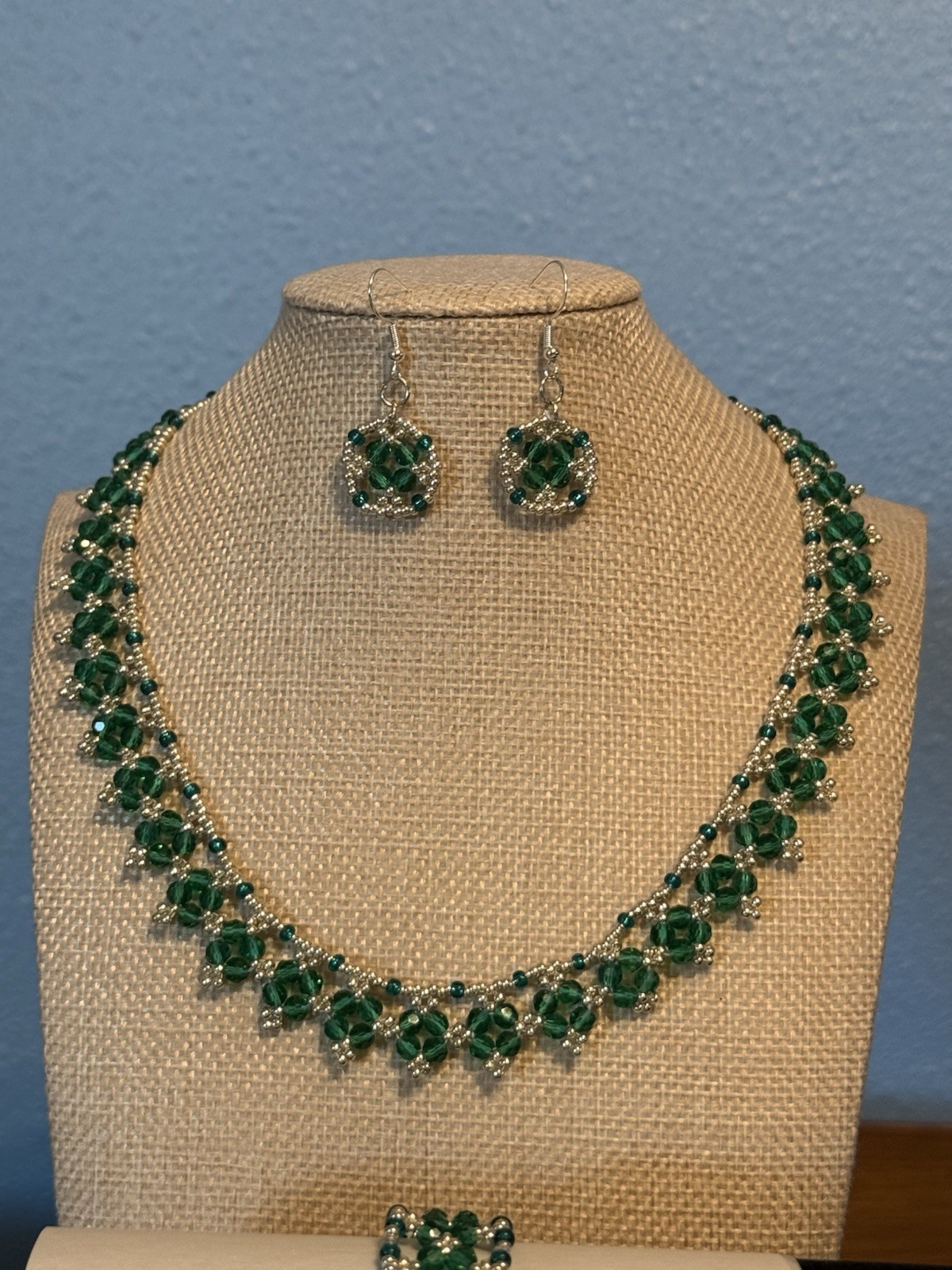 Handcrafted Green Round Crystal Beaded Necklace Bracelet Drop Earring Set