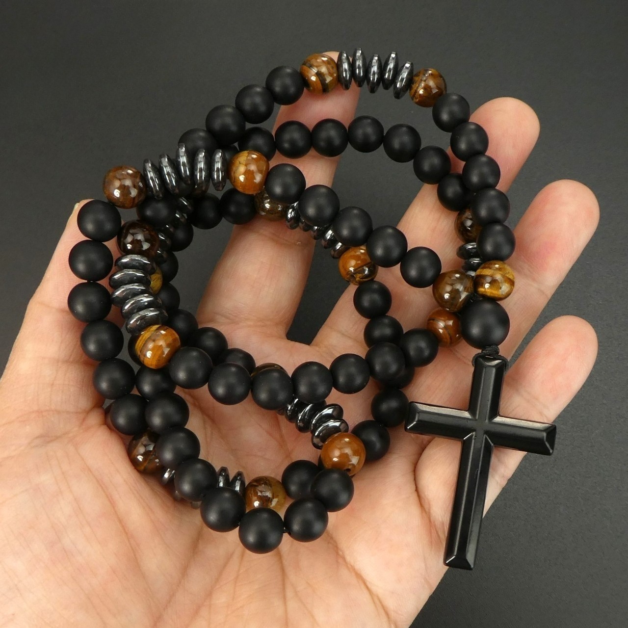 Black Obsidian Tiger Eye Black Alloy Cross Pendant Necklace Men Women Gift New
