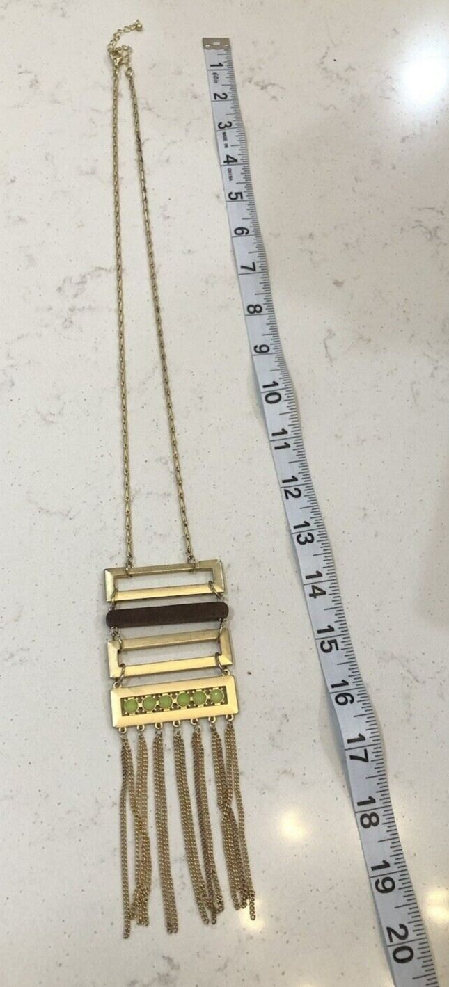 Gold Tone Geometric Fringe Pendant Necklace Wood Chartreuse Green Statement Boho