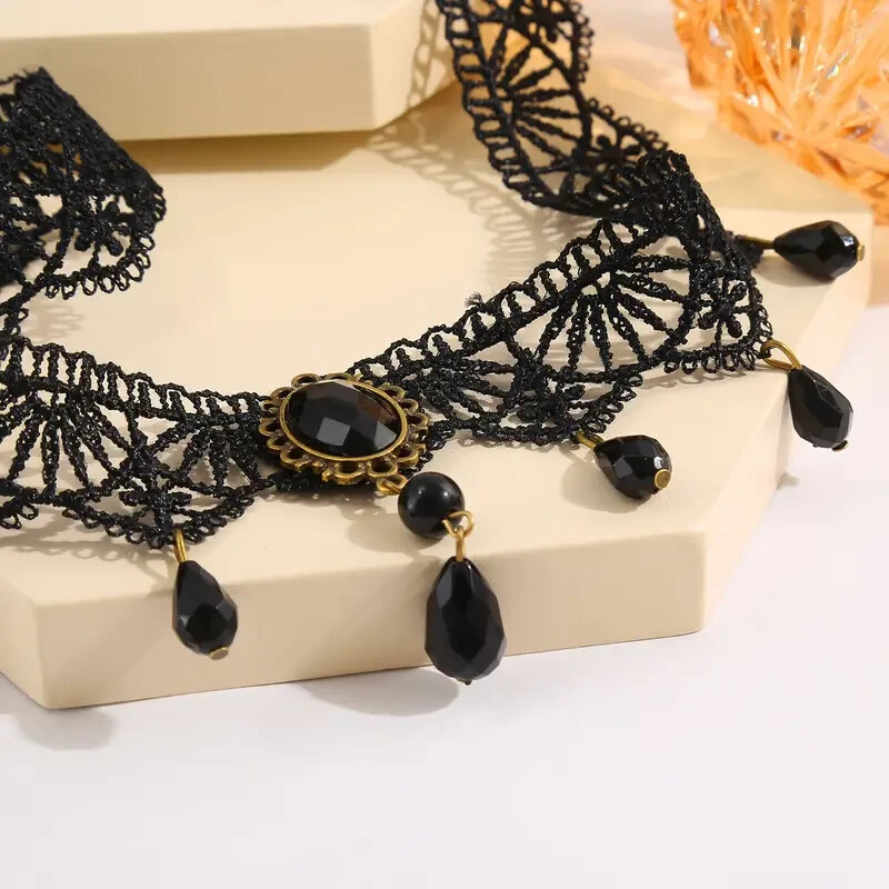 Black Lace Jewel Choker Necklace, Steampunk, Goth, Punk, Halloween, Trendy