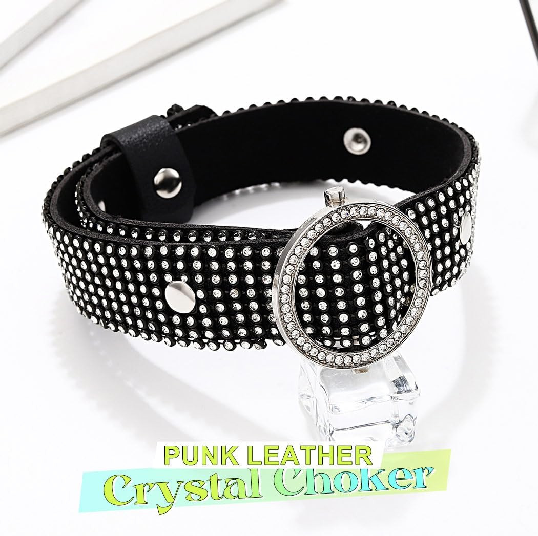 Black Rhinestone Choker Necklace Leather Gothic Thick Collar for Women