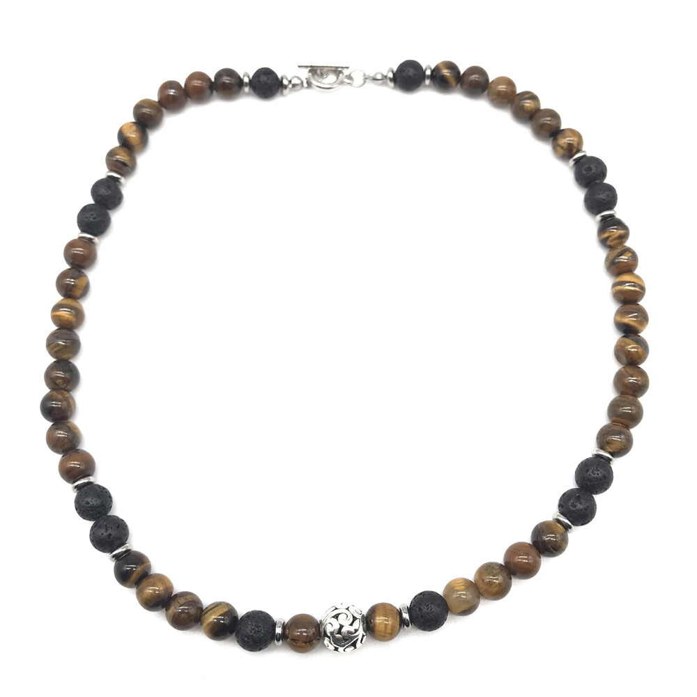 Men’s 8mm Natural Tiger Eye Lava Bead Necklace Stainless Steel Toggle 18/20/24″