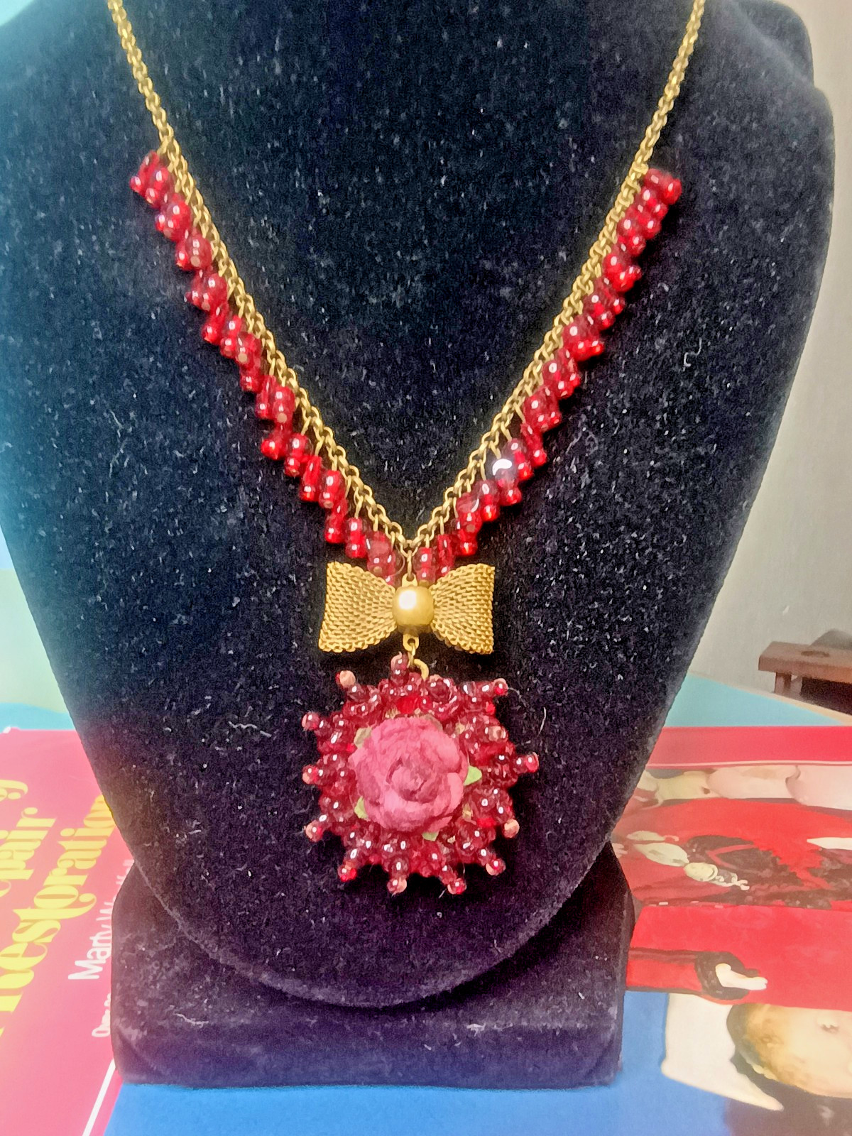 MICHAEL NEGRIN VICTORIAN REVIVAL BRASS GARNET BEADS ROSE PENDANT NECKLACE
