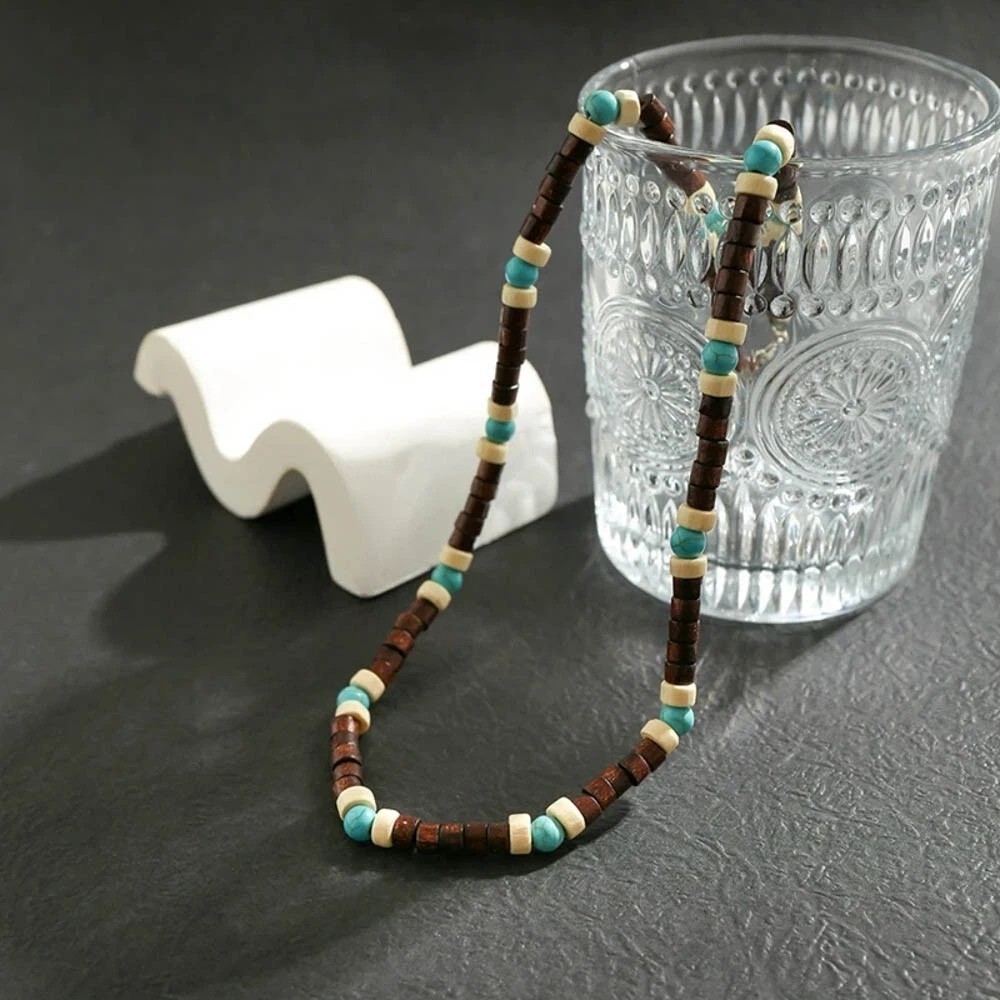 Mens Wood Beaded Necklace Turquoise Boho Surfer Choker Adjustable Chain Gift