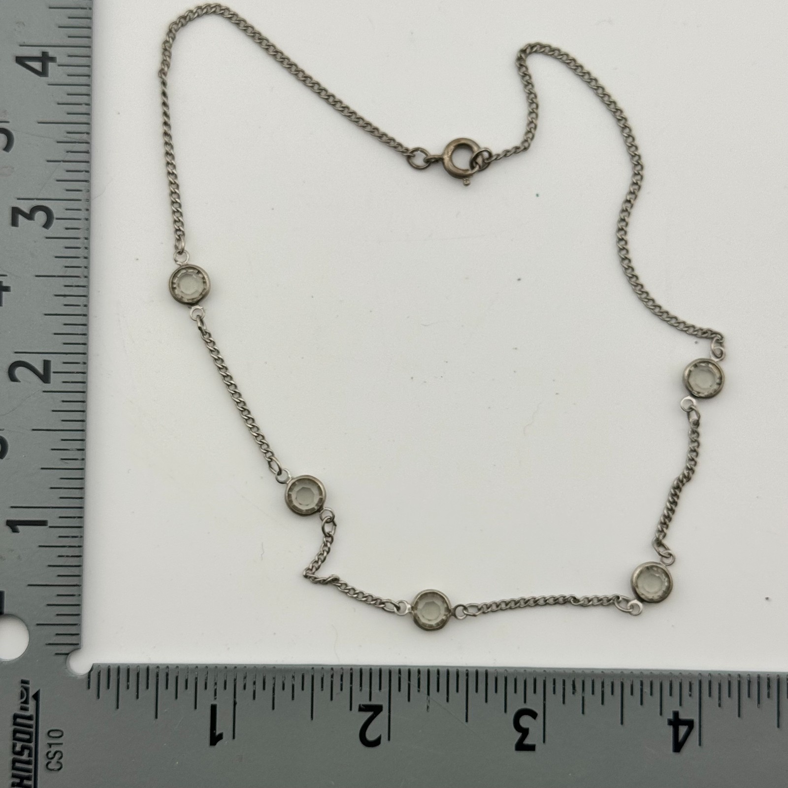Silver Tone Crystal Bezel Station Necklace Choker 15in