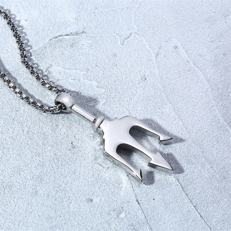 Silver Punk Trident Three-pronged Spear Pendant Necklace Chain Biker Jewelry Men
