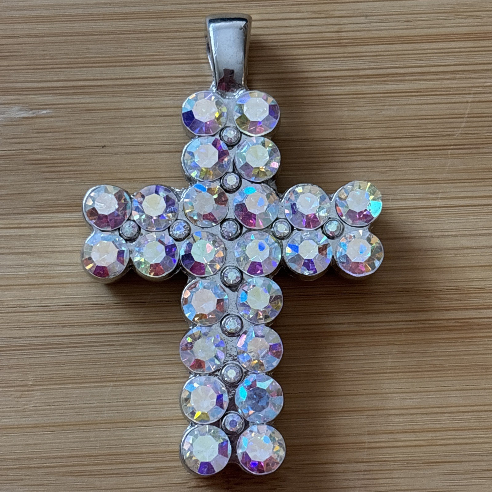 Large AB Rhinestone Cross Enhancer Pendant Silver Tone Clip Bail 3” Statement
