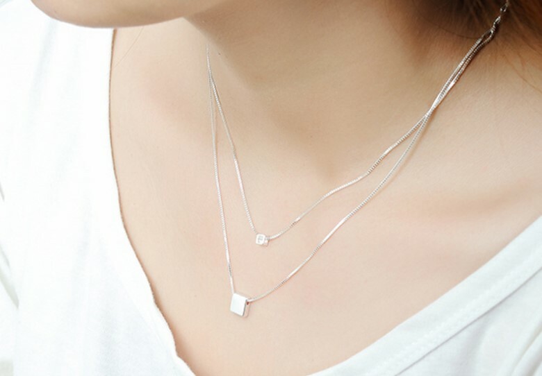 16-20″ Sterling silver double layer Cube choker Box necklace Pendant Gift F20