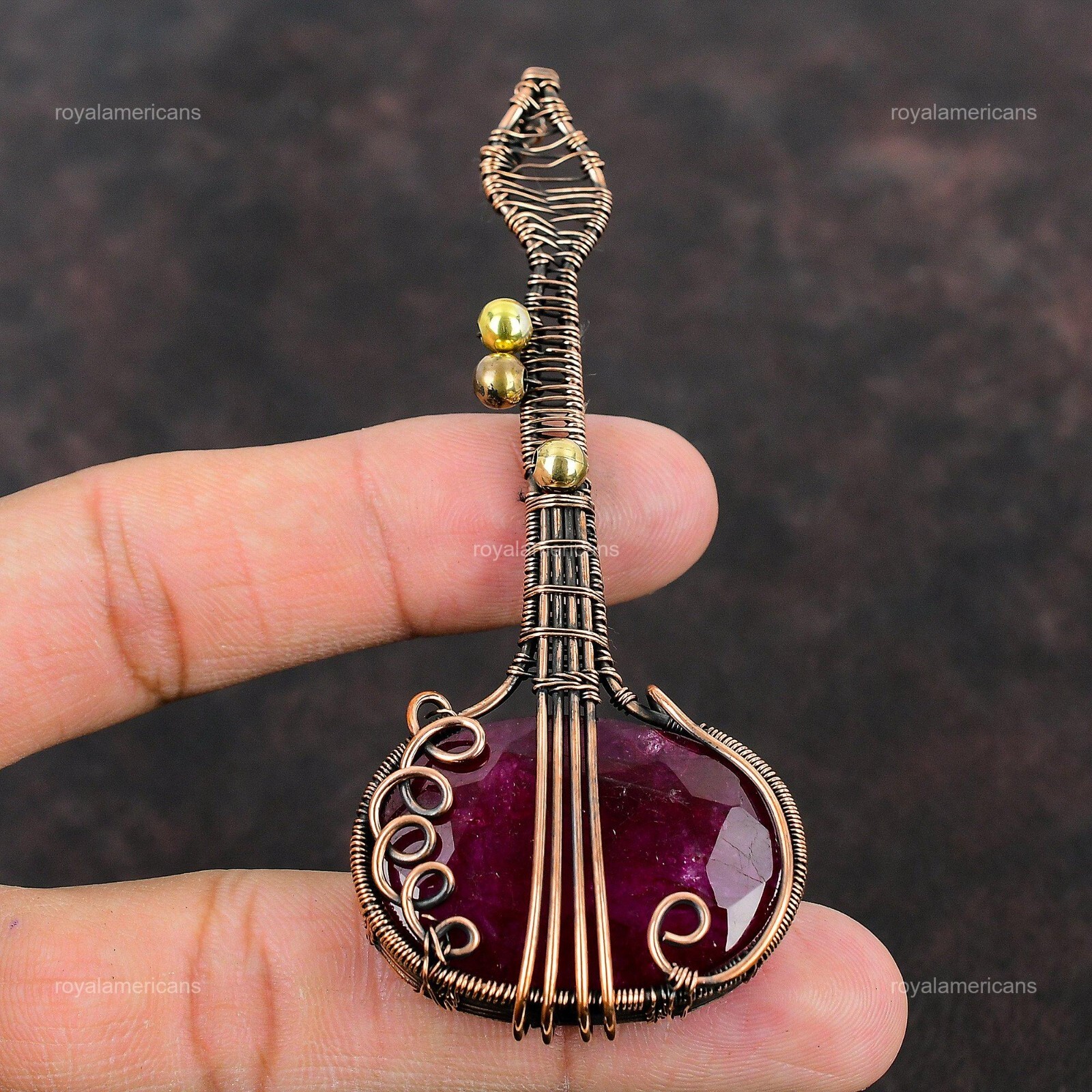 Kashmir Rubi Jewelry Copper Gift For Mum Guitar And Wire Wrapped Pendant 3.62″
