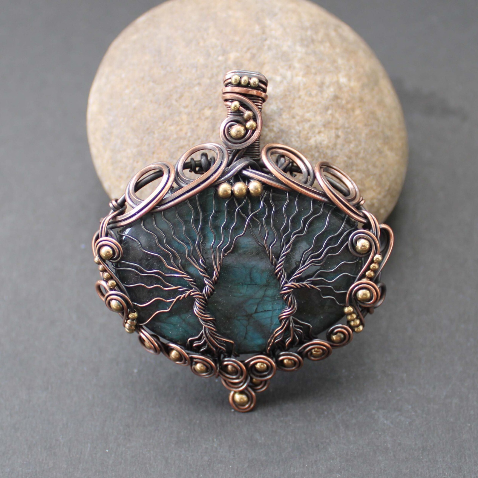 Labradorite Jewelry Copper Wire Wrapped Pendant Double Tree Of Life Pendant
