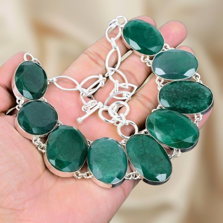 Emerald Dyed Gemstone Silver Necklace 925 Sterling Silver Jewelry Necklace