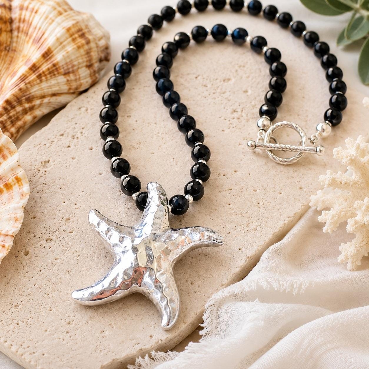 925 Sterling Silver Starfish Pendant Beaded Necklace Coastal Beachcore Resort
