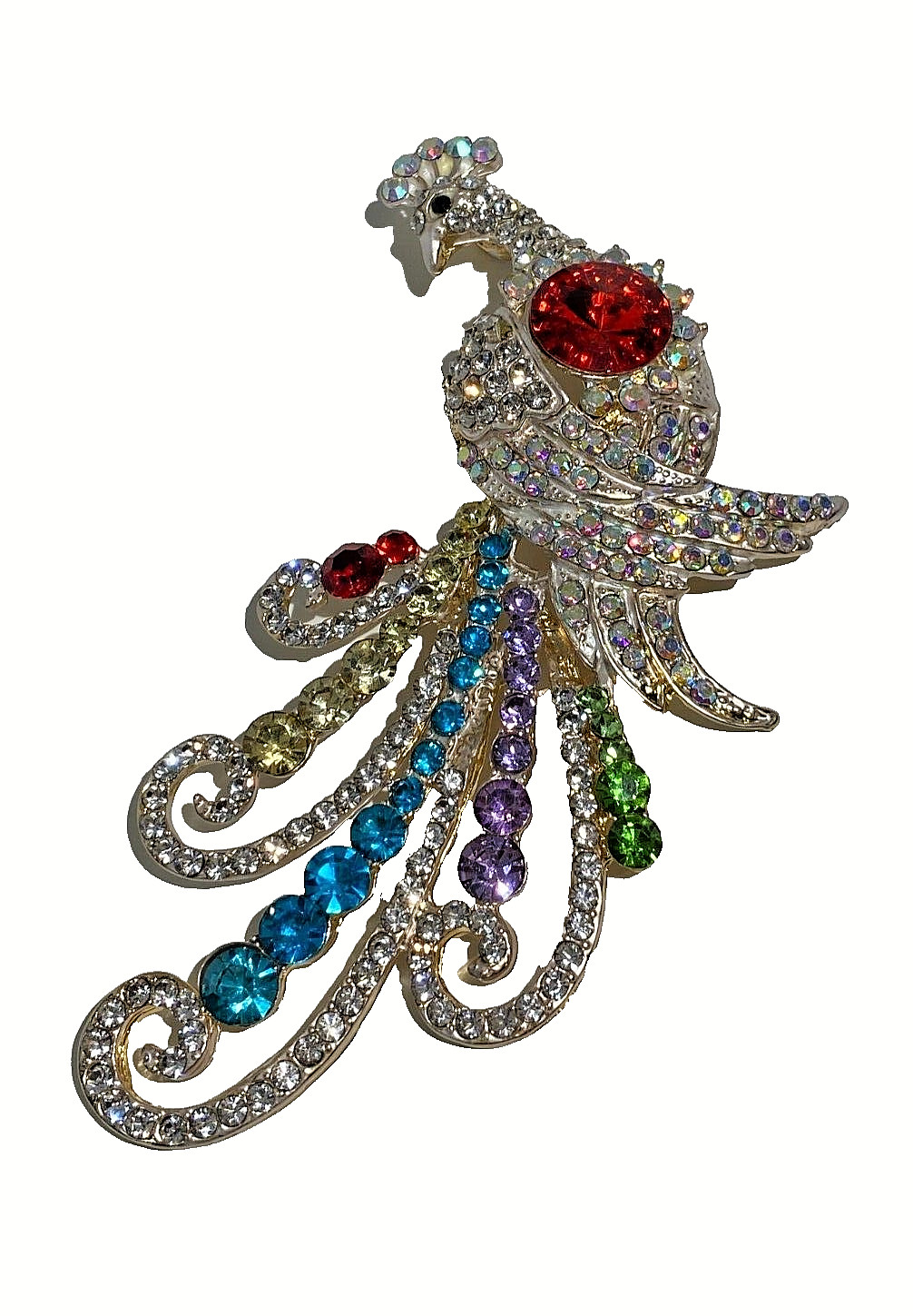 BETSEY JOHNSON GOLD PEACOCK MULTI COLOR CRYSTALS & RHINESTONES PIN PENDANT NECK