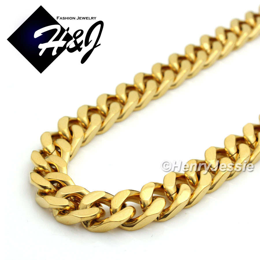 18″-40″MEN Stainless Steel 9mm Gold Plated Cuban Curb Chain Cross Pendant*GJ28