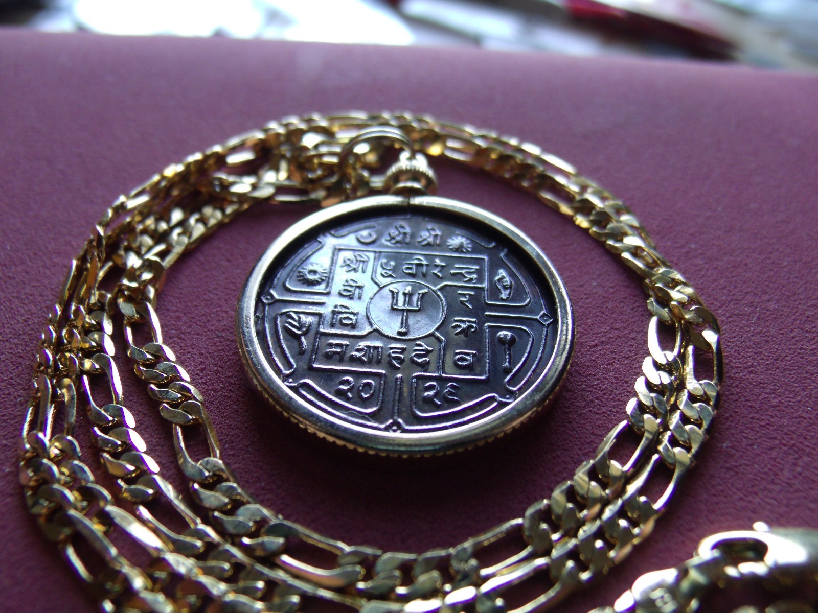 Yr73 Nepal Coin Pendant 24″ Gold Filled Chain ^ Trident of Shiva & Sword of Kali
