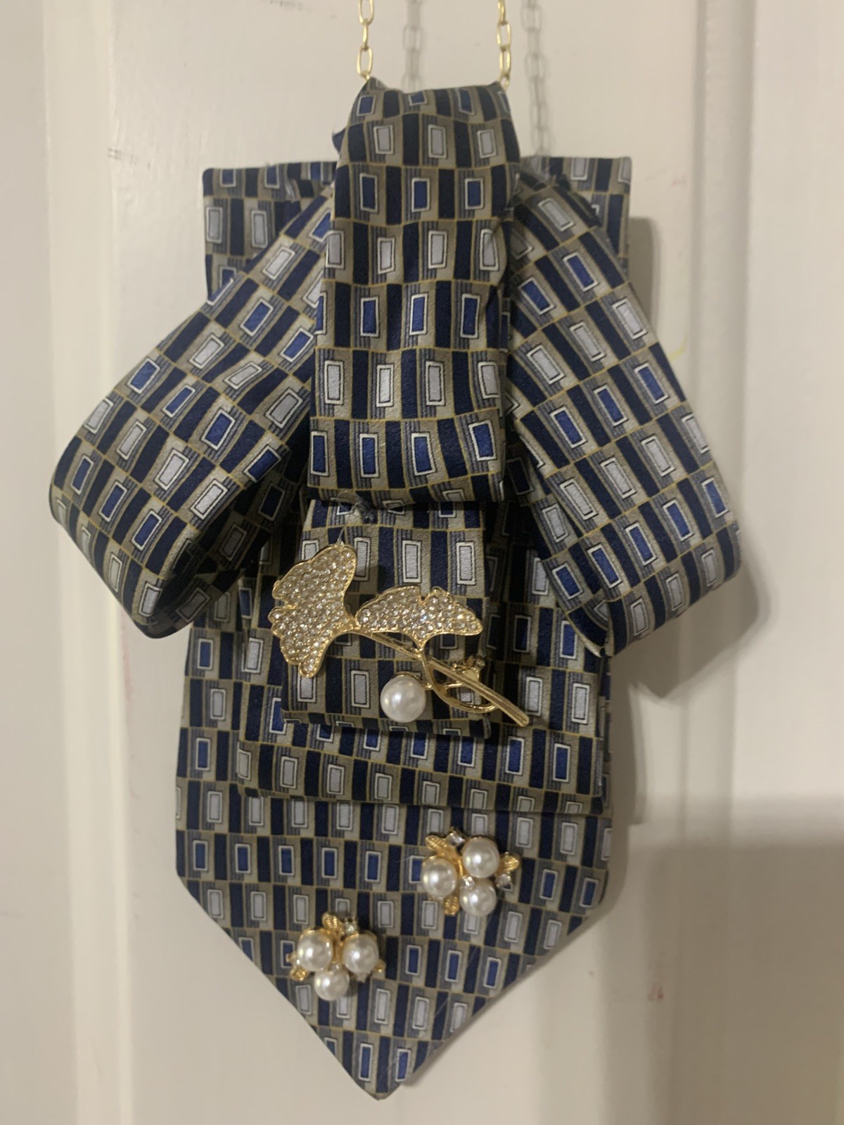 Ladies Necktie Necklace Blue Gray Gold Interchangeable