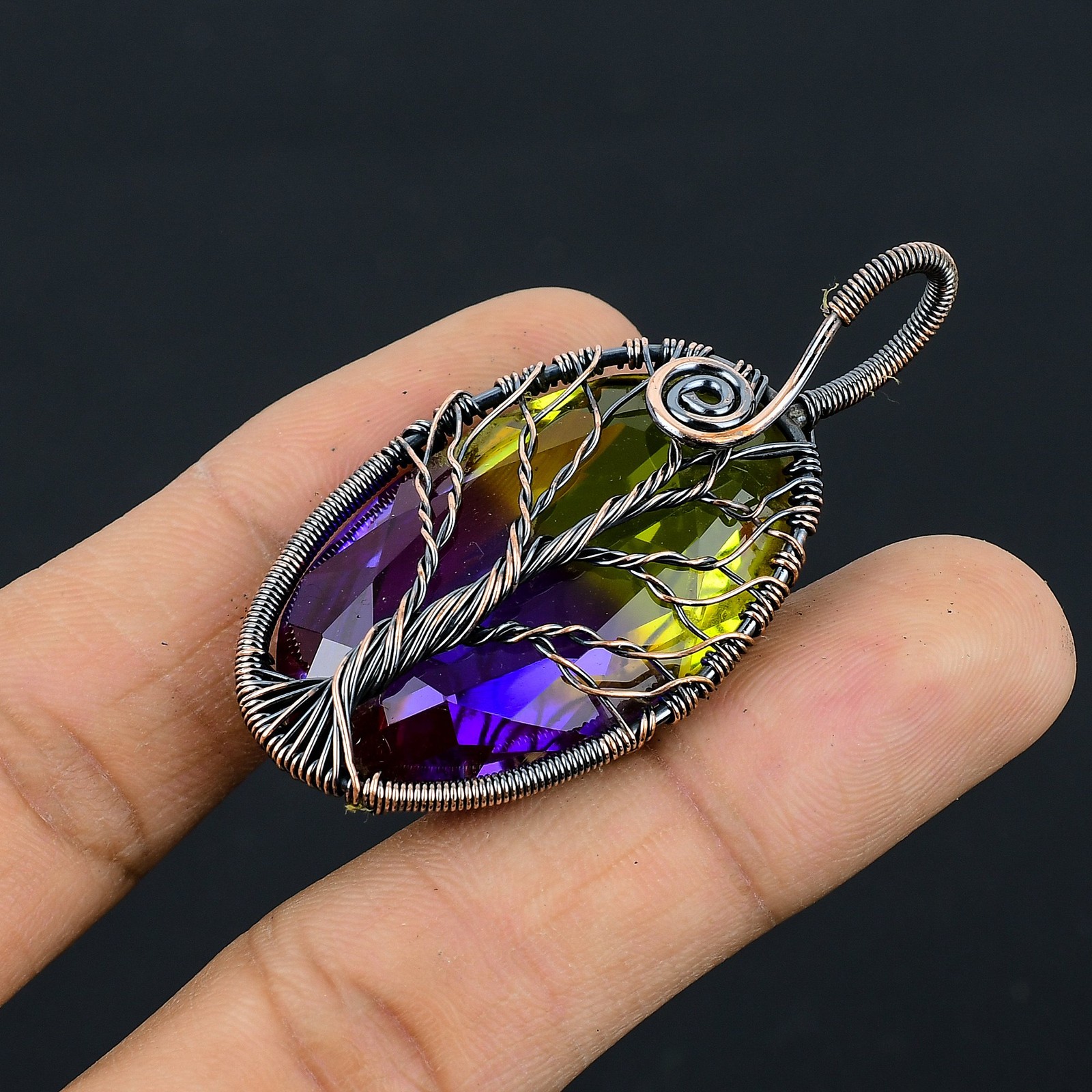 Bi Color Tourmaline Gemstone Copper Wire Wrap Jewely Pendant 2.2″ D797