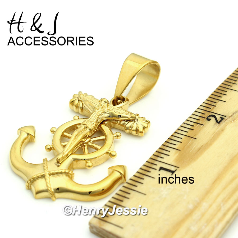 24″MEN Stainless Steel 9mm Gold Plated Cuban Curb Chain Anchor Cross Pendant*P58