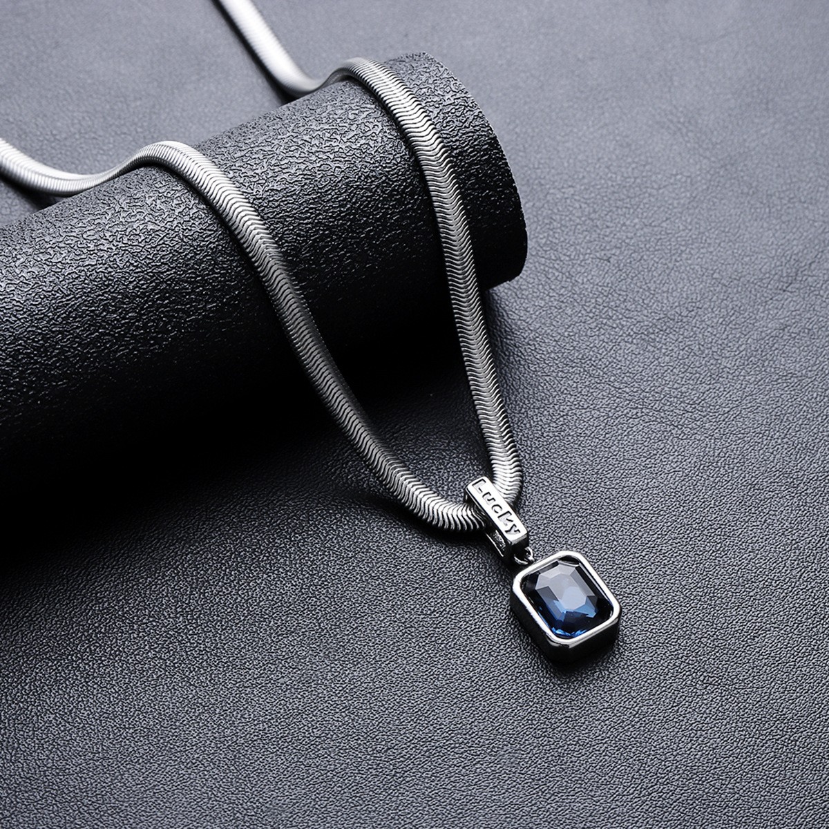 Titanium Steel Snake Chain Pendant Necklace Lucky Square Blue Cubic Zirconia