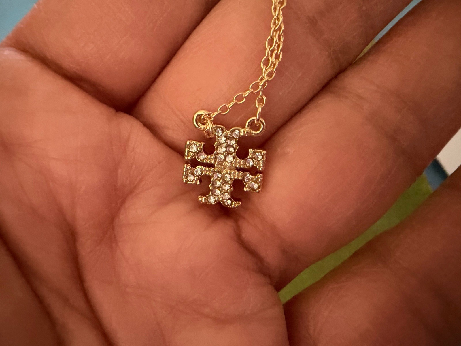 Tory Burch Crystal Logo Pendant Gold Necklace