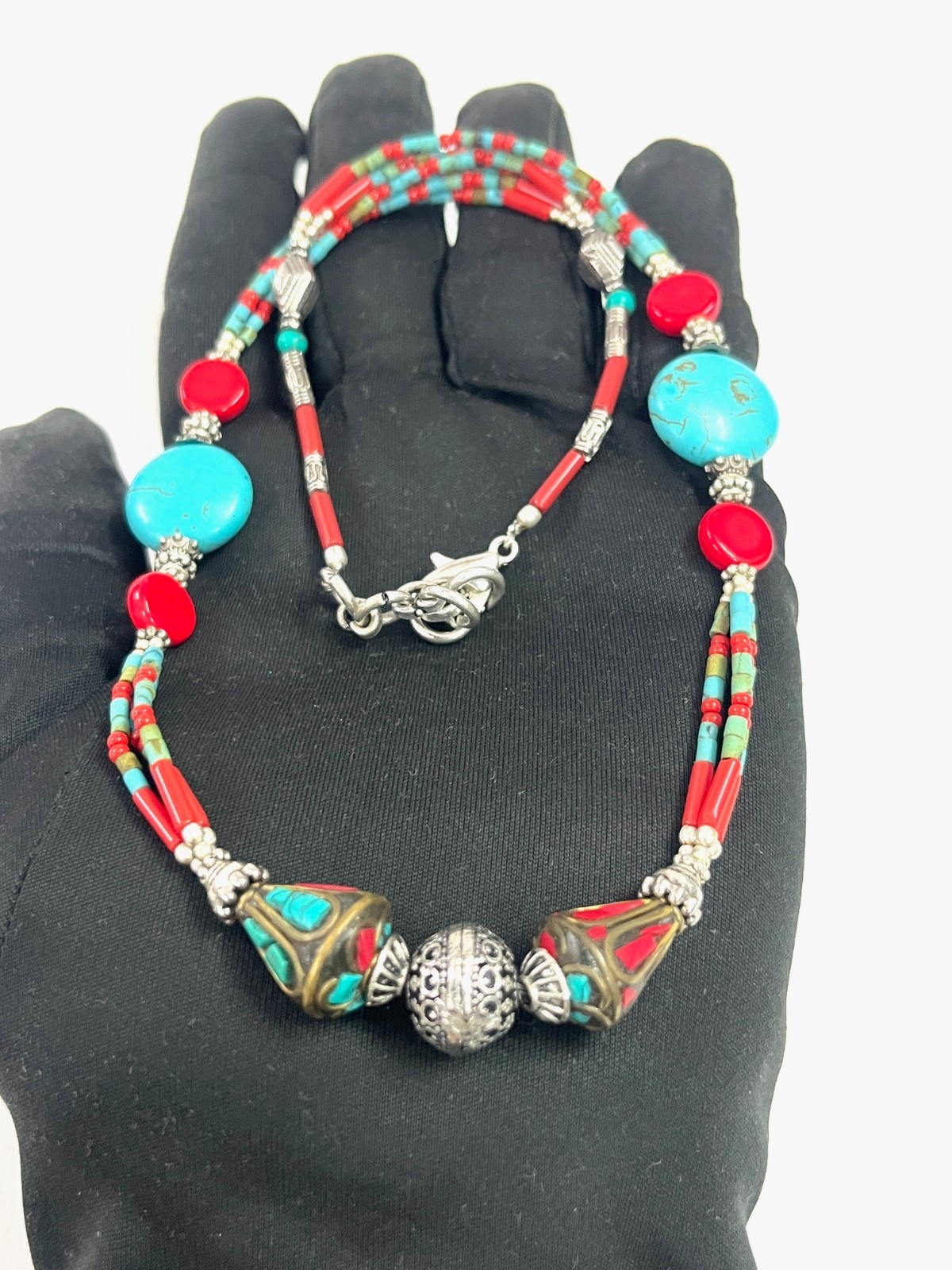 Tibetan Turquoise Coral Gemstone Handmade Necklace Jewelry, 18 Inch Adjs