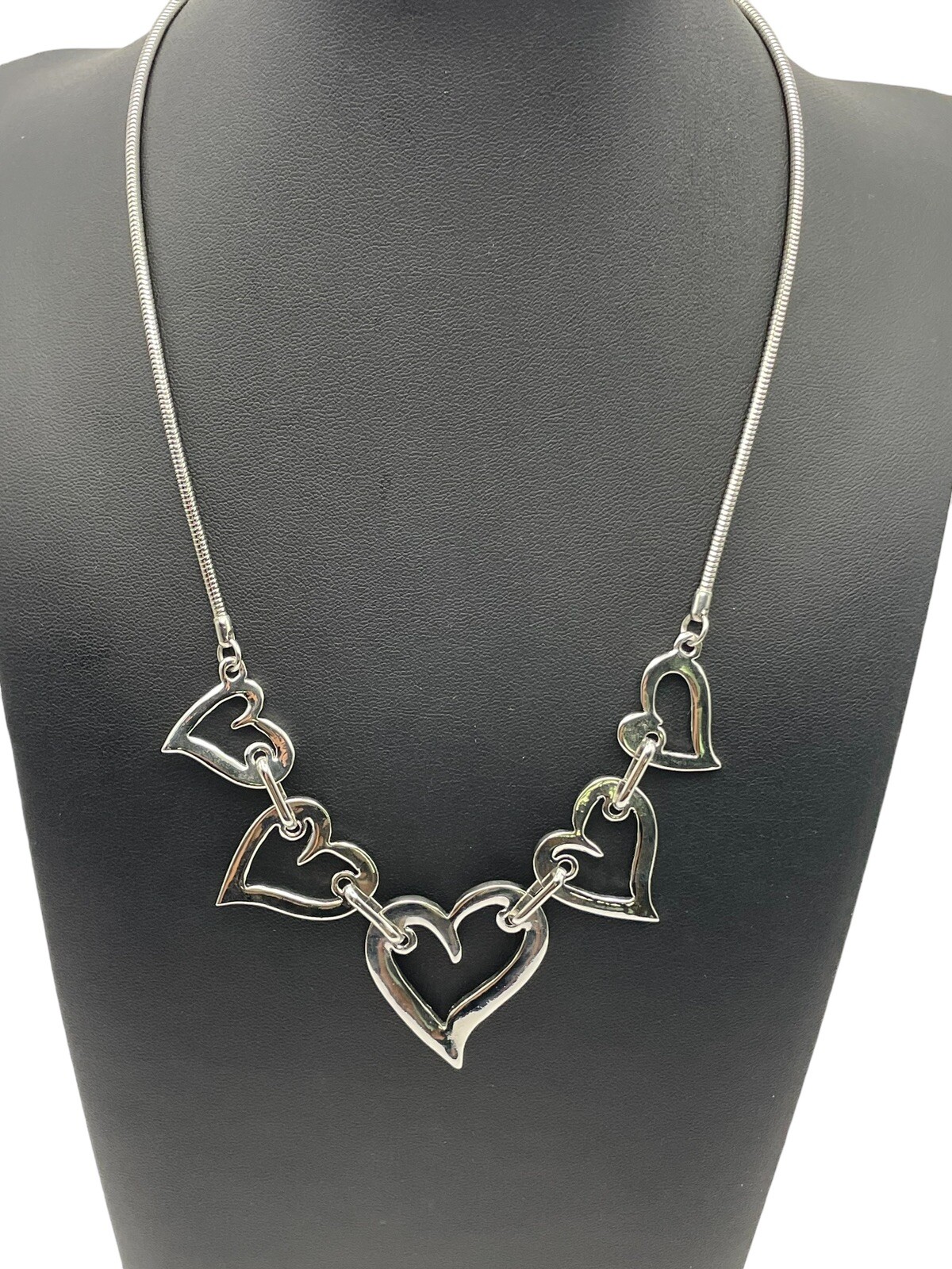 Open Heart Shiny Silver Tone Link Collar Necklace Adjustable Modern Contemporary