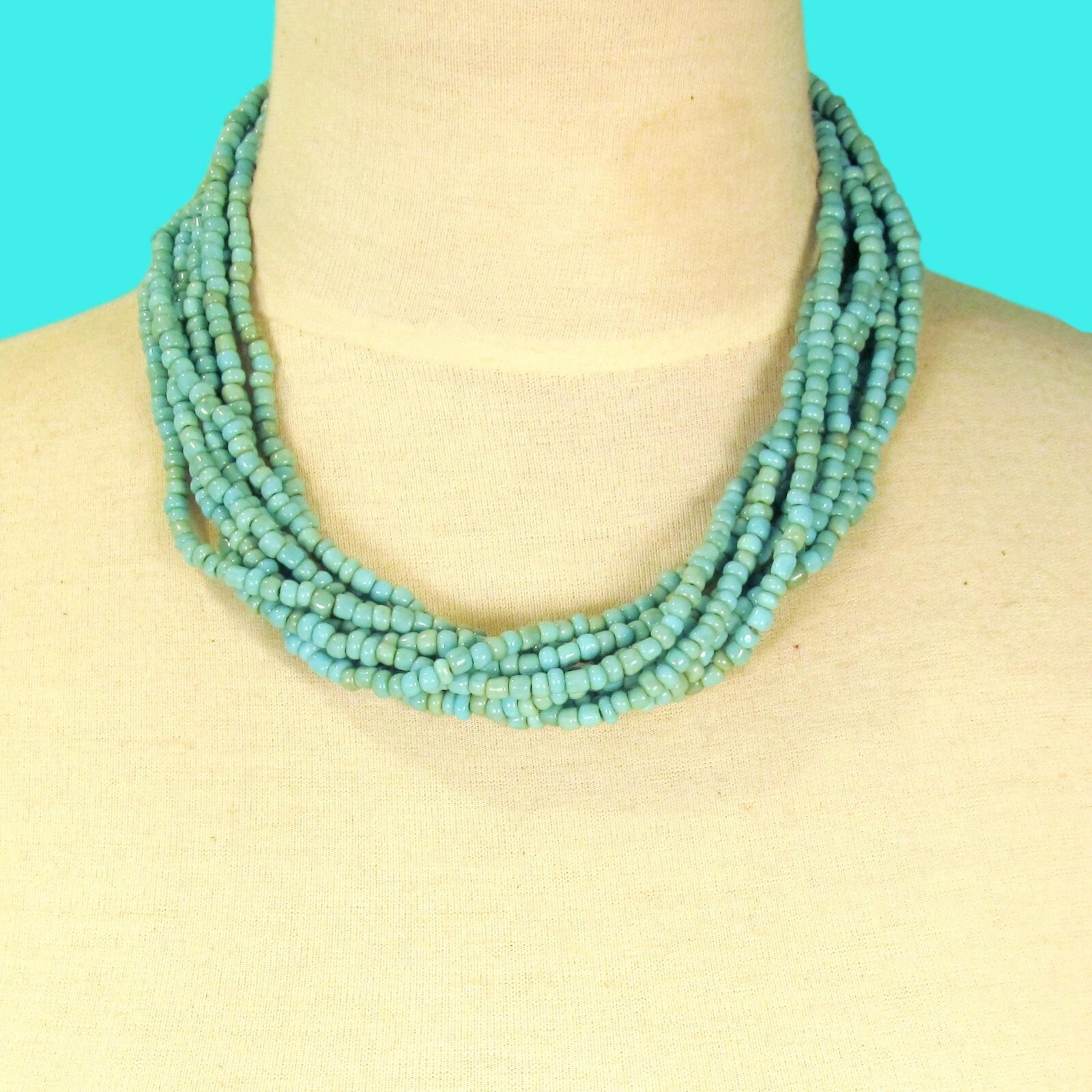 16″ Multi Strand Aqua Turquoise Color Handmade Seed Bead Statement Necklace