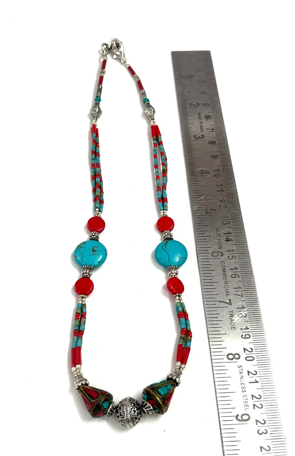 Tibetan Turquoise Coral Gemstone Handmade Necklace Jewelry, 18 Inch Adjs
