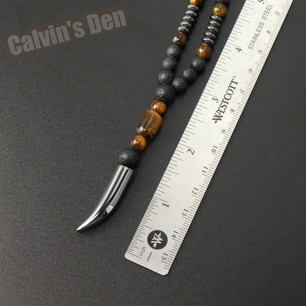 Lava Stone Tiger Eye Black Hematite Tooth Fang Pendant Necklace Men Gift Sleek