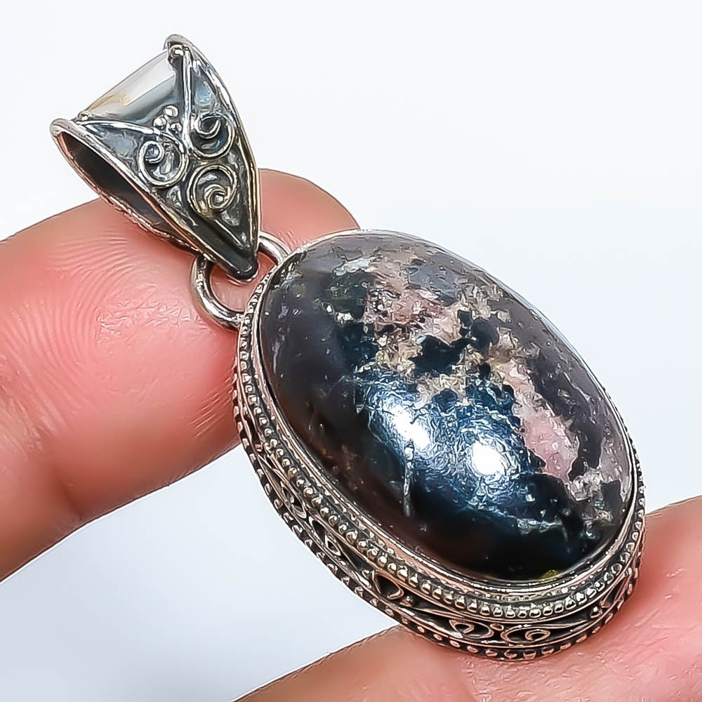 Black Manganese In Rhodonite 925 Silver Plated Fine Art Pendant 1.76″ TP452543