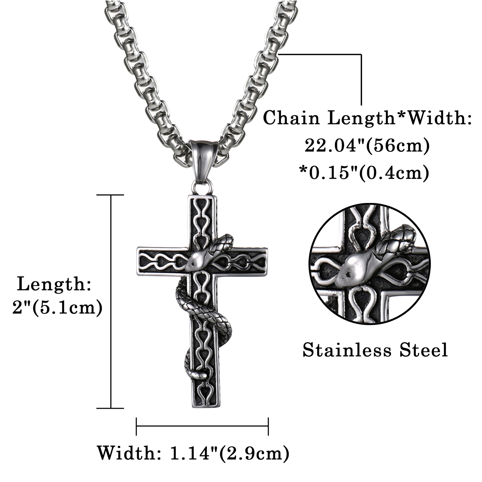 Mens Boys Vintage Biker Stainless Steel Snake Cross Pendant Amulet Necklace 22″