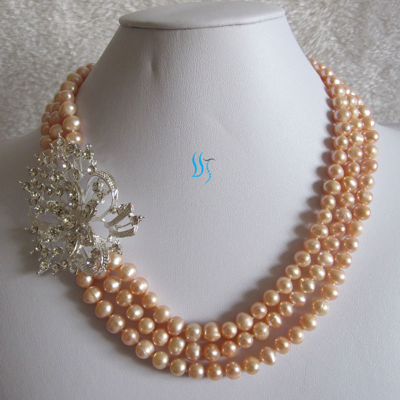 18-20″ 6-8mm 3Row Freshwater Pearl Necklace X2720 Wedding——MORE COLORS
