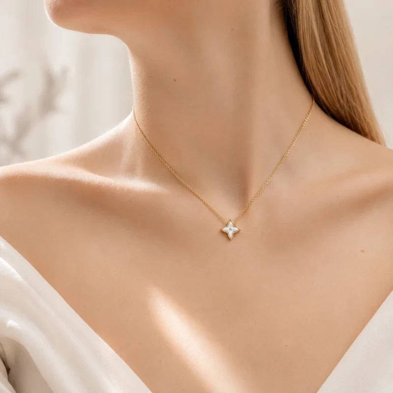 White Enamel Star Pendant Necklace 18K Gold Plated Four Point Clover