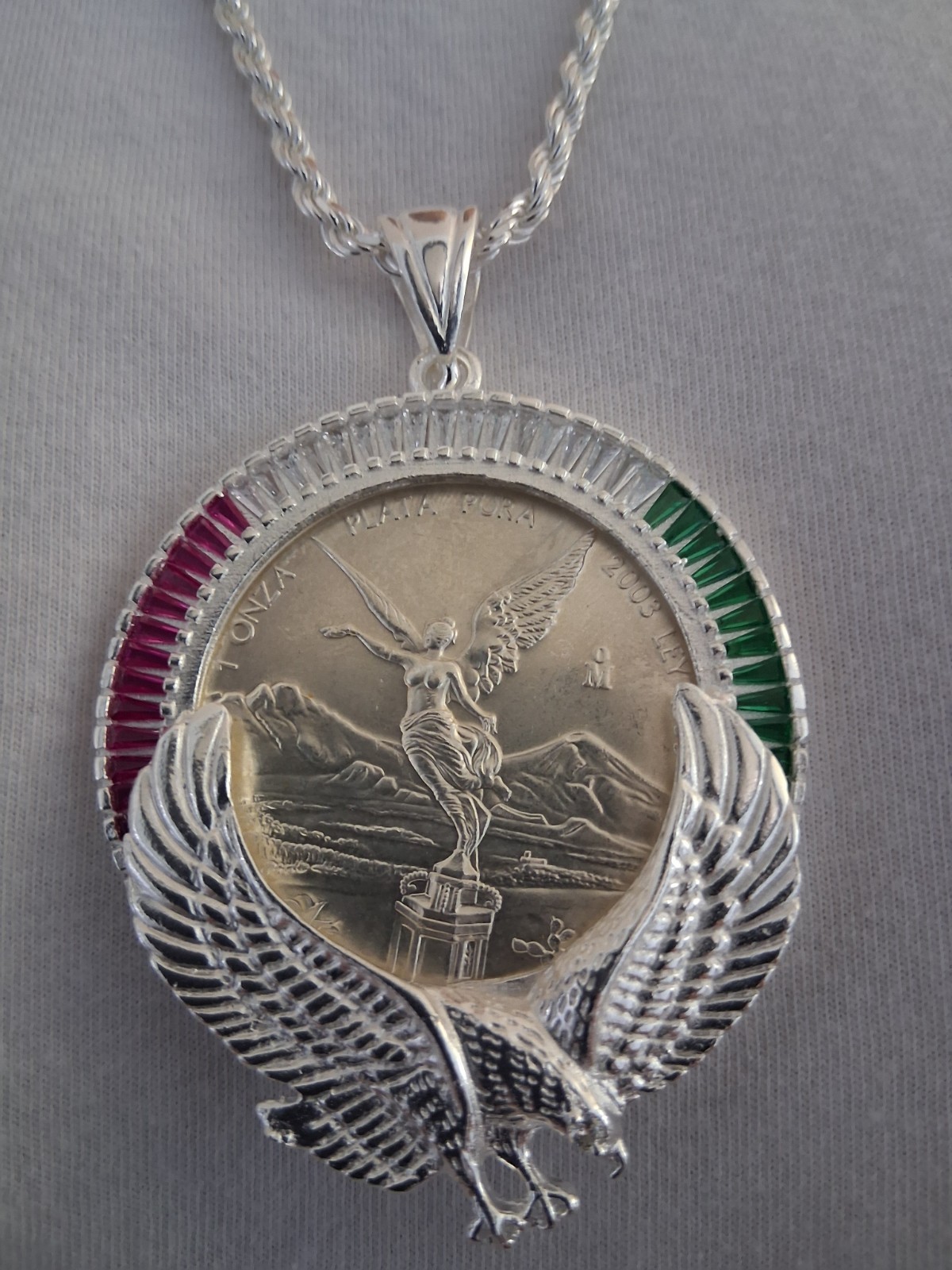 cadena bizel aguila y moneda 1 OZ plata 925 83 gramos 24″ larga 3.4mm plata MX