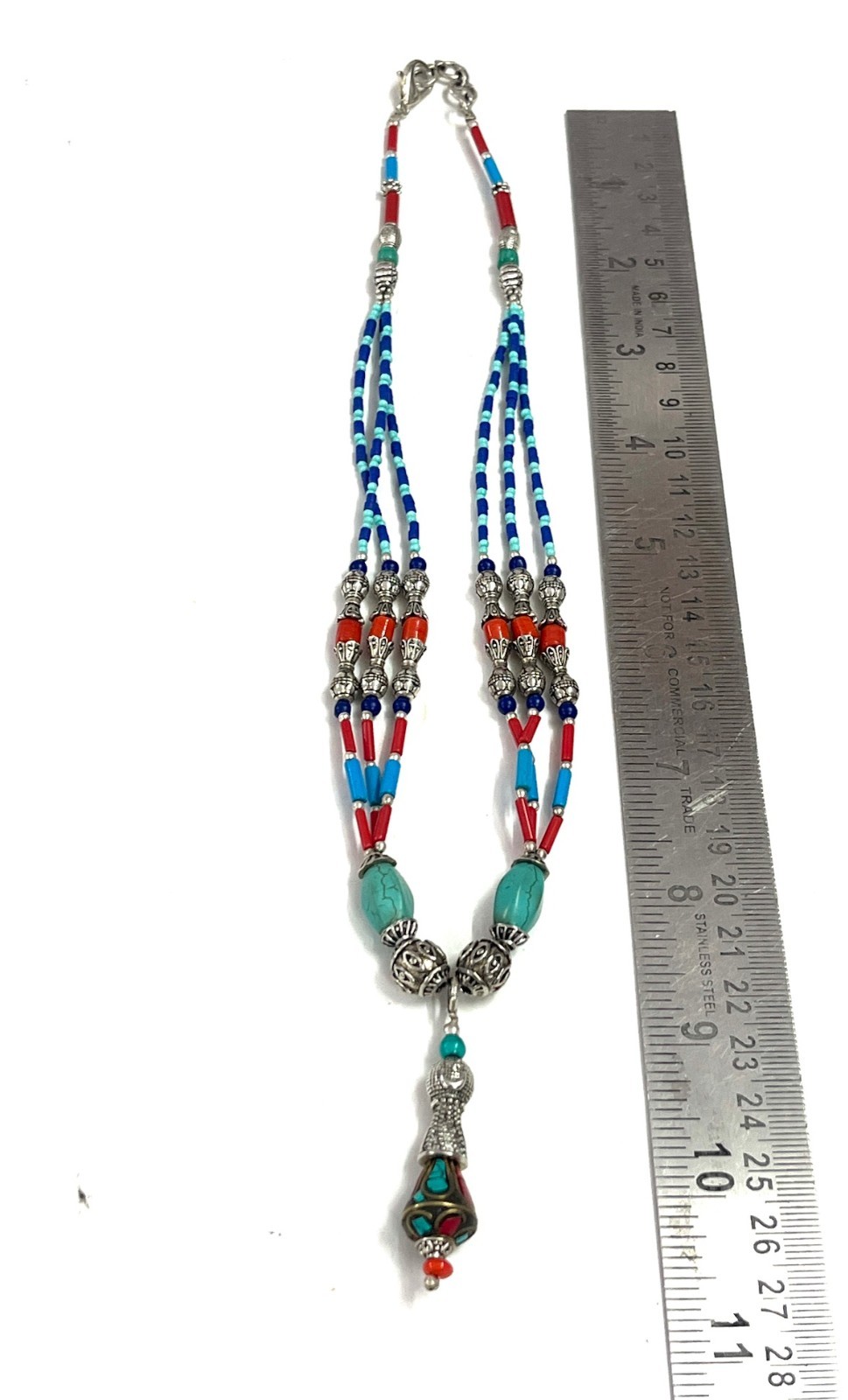 Nepalese Turquoise Coral Gemstone Tibetan Boho Necklace Jewelry, 18 inch Adj