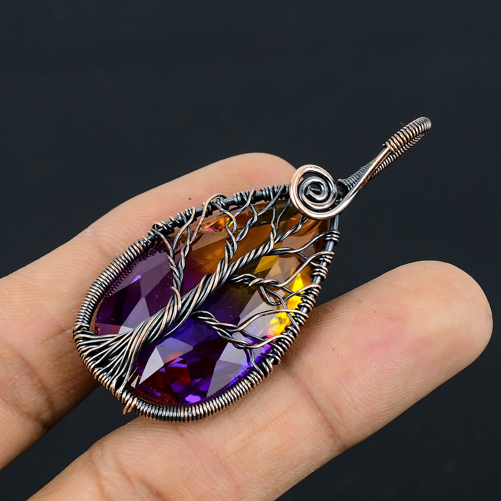 Bi Color Tourmaline Gemstone Copper Wire Wrap Jewely Pendant 2.4″ B427