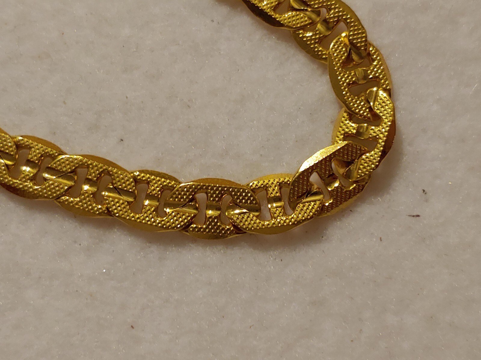 14K Gold Plated Chain Necklace- Flat Link Textured Style -24 in Long -8 mm Wide